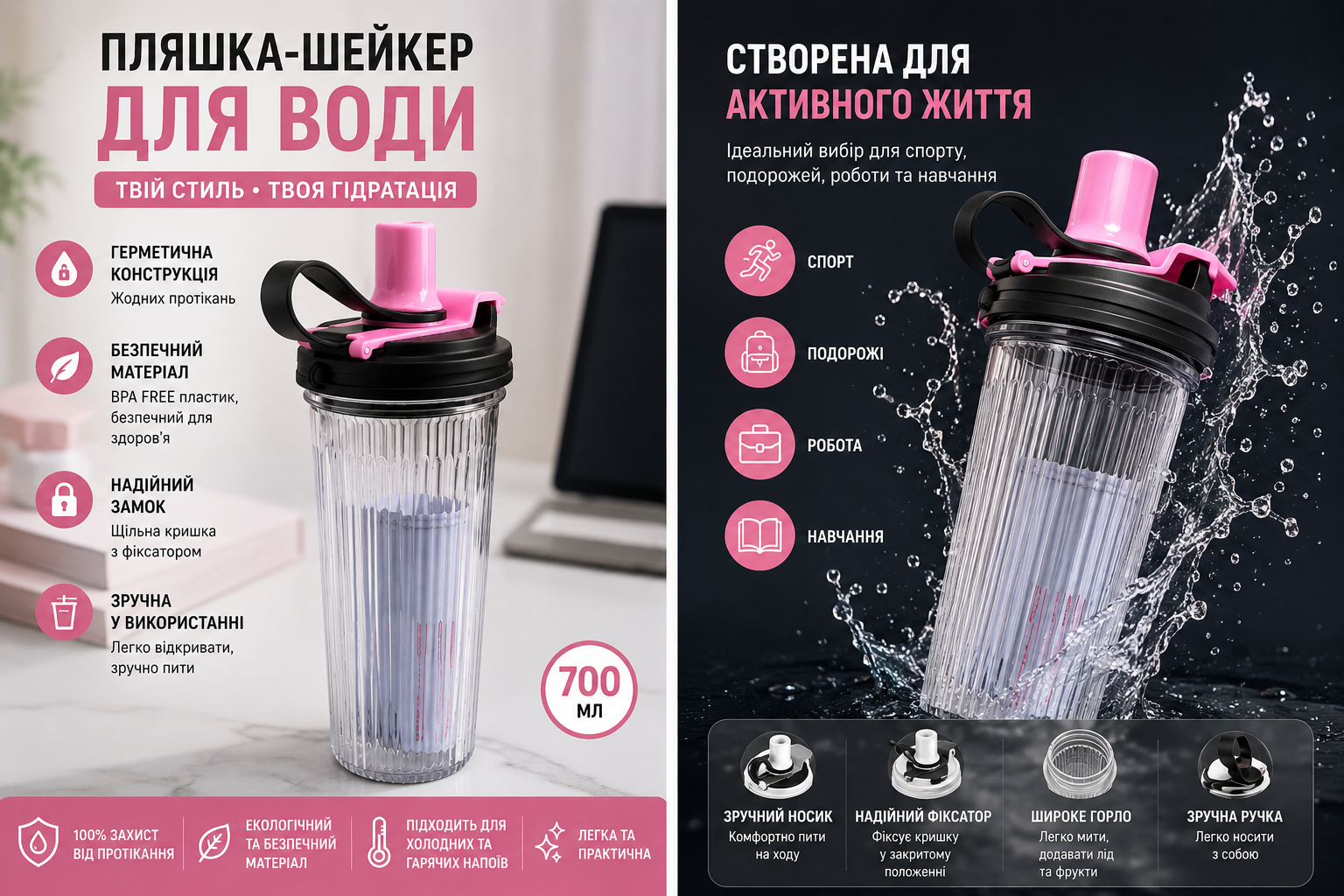 Пляшка шейкер 700 мл для води та напоїв з герметичною кришкою Пляшка шейкер 700 мл для води та напоїв з герметичною кришкою